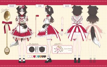 1girl absurdres animal_collar animal_ears apron bandaid bandaid_on_knee bandaid_on_leg bibi_biscuit black_hair black_shoes blue_eyes bow breasts cleavage cleavage_cutout closed_mouth clothing_cutout collar color_guide dog_ears dog_girl dog_tail food frilled_hairband frilled_wrist_cuffs frills fruit hairband highres multicolored_hair multiple_views oversized_spoon phase_connect red_bow red_collar red_skirt reference_sheet second-party_source shoes skirt socks spoon strawberry streaked_hair tail usuke_(u_skeeep) virtual_youtuber waist_apron white_hair white_socks wrist_cuffs