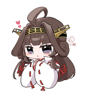 1girl ahoge brown_hair chibi commentary_request double_bun grey_hair hair_bun hairband headgear heart highres japanese_clothes kantai_collection kongou_(kancolle) kongou_kai_ni_(kancolle) long_hair lr_hijikata nontraditional_miko ribbon-trimmed_sleeves ribbon_trim solo very_long_hair