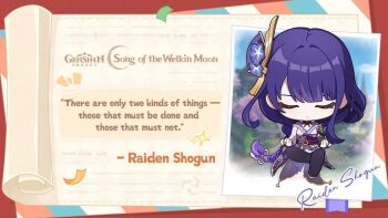 1girl black_bridal_gauntlets braid bridal_gauntlets character_name chibi closed_eyes closed_mouth commentary english_commentary english_text facing_viewer floating genshin_impact hair_ornament invisible_chair japanese_clothes kimono long_hair low-braided_long_hair low-tied_long_hair meditation mole mole_under_eye obi official_art purple_hair purple_kimono purple_thighhighs raiden_shogun sandals sash sitting solo thighhighs very_long_hair