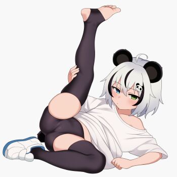 1girl animal_ears bike_shorts black_hair black_shorts black_thighhighs blue_eyes cameltoe expressionless feet full_body green_eyes heterochromia highres indie_virtual_youtuber leg_up loli looking_at_viewer lying mikoscrub multicolored_hair off-shoulder_shirt off_shoulder on_back panda_ears panda_girl shirt short_sleeves shorts simple_background skindentation soles solo spread_legs stirrup_legwear thighhighs thighs tinypanda_(vtuber) toeless_legwear toes white_background white_shirt