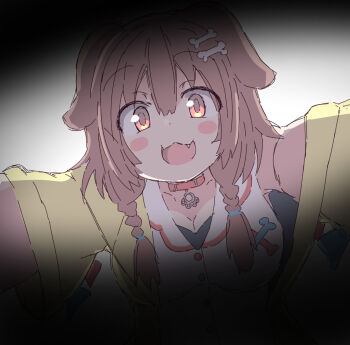 1girl :d animal_ears bone_hair_ornament braid breasts brown_hair cartoon_bone cleavage collar commentary dog_ears dog_girl fang hair_ornament highres hololive inugami_korone inugami_korone_(1st_costume) looking_at_viewer medium_breasts open_mouth smile solo twin_braids umberblack virtual_youtuber