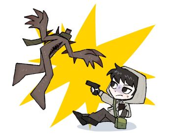 aiming bag black_hair chibi chibi_only commentary_request creature cry_of_fear full_body gam_chihot grey_hoodie gun handgun headless holding holding_gun holding_phone holding_weapon hood hood_up hoodie knees_up korean_commentary male_focus monster partially_shaded_face phone scarf short_hair shoulder_bag simon_henriksson sitting sweatdrop vertical_mouth weapon