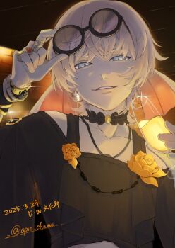 Rule 34 | 1boy, 2025, adjusting eyewear, androgynous, apio chama, black choker, black shirt, blue eyes, blue skin, bracelet, choker, clothing cutout, collarbone, colored skin, commentary request, cropped shirt, cup, dated, dragon quest, dragon quest x, drink, drinking glass, earrings, fins, fish boy, flower, gem, grin, half-closed eyes, head fins, highres, holding, holding cup, holding drink, jewelry, looking at viewer, looking down, male focus, multiple bracelets, multiple rings, red gemstone, ring, rose, round eyewear, shirt, short hair, shoulder cutout, silver earrings, slime (dragon quest), smile, solo, sparkle, translation request, twitter username, upper body, weddie (dq10), white hair, yellow flower, yellow rose