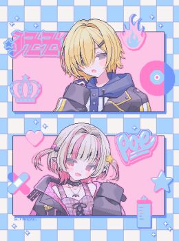 Rule 34 | 1boy, 1girl, baby bottle, bat necklace, black collar, black jacket, blonde hair, blue hood, blunt bangs, blush stickers, bottle, chain, chain necklace, checkered background, collar, collarbone, colored inner hair, commentary, crop top, cross-laced clothes, cross-laced top, crown, dithering, drawstring, earclip, fangs, fire, green eyes, grey hair, hair intakes, hair ornament, hair over one eye, hairclip, hand up, heart, highres, hood, hood down, hoodie, jacket, jewelry, lapels, looking at viewer, makaino ririmu, makaino ririmu (6th costume), multicolored hair, multicolored hair bobbles, necklace, nijisanji, no headwear, notched lapels, o-ring collar, open clothes, open jacket, open mouth, pendant, pink hair, pink jacket, pink streaks, pixel art, plaid clothes, pointy ears, rakuyui, red eyes, short hair, skin fangs, sleeves past wrists, smile, sparkle, spiked collar, spikes, star (symbol), star hair ornament, streaked hair, two-sided fabric, two-sided jacket, two-tone hair, two side up, uzuki kou, uzuki kou (5th costume), vinyl record, virtual youtuber, white hoodie, wolf cut, yellow trim