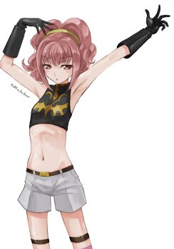 1girl anya_alstreim armpits belt code_geass gloves highres jun_(rellik_&amp;_redrum) knights_of_the_round_uniform long_hair midriff navel pink_eyes pink_hair shorts solo thighhighs