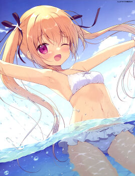1girl ;d absurdres armpit_crease armpit_focus armpits artist_name bare_arms bare_shoulders bikini black_ribbon blonde_hair blue_sky blush breasts cloud cloudy_sky day dengeki_moeoh frilled_bikini frills hair_between_eyes hair_ribbon halterneck highres long_hair looking_at_viewer magazine_scan miyasaka_miyu navel one_eye_closed open_mouth original outdoors outstretched_arms partially_submerged partially_underwater_shot pink_eyes ribbon scan sidelocks sky small_breasts smile solo splashing spread_arms stomach swimsuit twintails water wet white_bikini