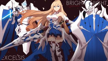 1girl absurdres armor armored_dress blonde_hair blue_dress blue_eyes boots breasts brown_background commentary detached_sleeves dress durandal_(bright_knight:_excelsis)_(honkai_impact) durandal_(honkai_impact) highres holding holding_polearm holding_shield holding_weapon honkai_(series) honkai_impact_3rd lance large_breasts long_hair looking_at_viewer mush_(mushlicious) polearm ponytail shield solo thighs very_long_hair weapon white_boots