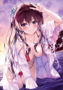1girl absurdres arm_up armpit_crease bikini bikini_top_aside blush breasts brown_hair cleavage closed_mouth cloud cloudy_sky collarbone cowboy_shot dutch_angle earrings hair_between_eyes hair_ornament hair_scrunchie halterneck highres jewelry large_breasts leaning_forward long_hair looking_at_viewer misaki_kurehito nipple_slip nipples o-ring o-ring_bikini o-ring_top original outdoors palm_tree purple_eyes red_bikini scan scrunchie sky smile solo string_bikini sun sunset swimsuit tree two_side_up v v_over_head water wet wet_hair