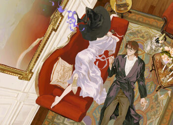 1boy 1girl bathrobe black_hat black_robe brown_hair brown_pants commentary corded_phone couch cup drinking_glass english_commentary genderswap genderswap_(mtf) gundam gundam_00 hair_between_eyes hat high_heels holding holding_cup huangdanlan indoors lockon_stratos pants phone pillow robe rug shoes short_hair single_bare_foot single_shoe table tieria_erde wine_glass witch_hat wooden_floor