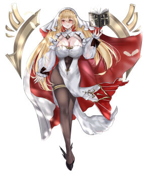 1girl azur_lane black_shoes book breasts brown_pantyhose cleavage cleavage_cutout clothing_cutout dismaer floating floating_book floating_object gold_trim hair_between_eyes high-waist_pantyhose highres huge_breasts kersaint_(azur_lane) light_blush long_hair long_sleeves navel_cutout nun open_book pantyhose pelvic_curtain puffy_long_sleeves puffy_sleeves red_eyes shoes simple_background solo veil very_long_hair white_background