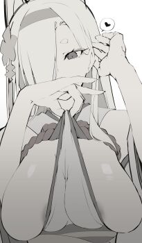 1girl animal_ears areola_slip blue_archive breasts eyeliner fox_ears fox_shadow_puppet hair_ornament hair_over_one_eye hairband hands_up heart highres image_sample japanese_clothes kaho_(blue_archive) large_breasts looking_at_viewer makeup monochrome one_eye_covered red_eyeliner satou_daiji sideboob solo thick_eyebrows twitter_sample upper_body yellow_eyes yellow_hairband