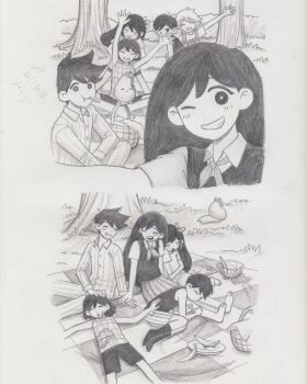 2girls 4boys antenna_hair arms_up aubrey_(headspace)_(omori) aubrey_(omori) basil_(headspace)_(omori) basil_(omori) blush bow bright_pupils brother_and_sister brothers checkered_blanket checkered_clothes closed_eyes closed_mouth collared_pajamas collared_shirt commentary double-parted_bangs english_commentary grass greyscale grin hair_between_eyes hair_bow hero_(headspace)_(omori) hero_(omori) highres indian_style kel_(headspace)_(omori) kel_(omori) long_hair long_sleeves looking_at_viewer lying mari_(headspace)_(omori) mari_(omori) monochrome mr._plantegg_(omori) multiple_boys multiple_girls neckerchief omocat omori omori_(omori) on_back on_side one_eye_closed open_mouth overalls pajamas pants picnic_basket picnic_blanket plate pleated_skirt shirt short_hair short_sleeves shorts siblings sidelocks sitting skirt sleeping smile socks striped_clothes striped_pajamas striped_pants striped_shorts stuffed_eggplant sweater_vest t-shirt tank_top teeth traditional_media tree upper_teeth_only vertical-striped_clothes vertical-striped_pajamas vertical-striped_pants vertical-striped_shorts