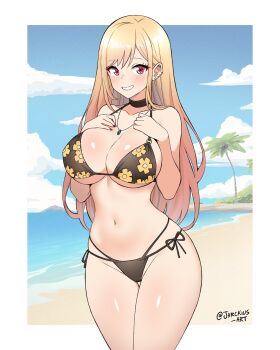 1girl beach bikini black_bikini black_choker blonde_hair blush breasts choker cleavage ear_piercing earrings floral_print floral_print_bikini highres jarckius jewelry kitagawa_marin large_breasts long_hair looking_at_viewer multi-strapped_bikini_bottom navel necklace ocean palm_tree piercing pink_nails print_bikini red_eyes smile solo sono_bisque_doll_wa_koi_wo_suru swimsuit tree