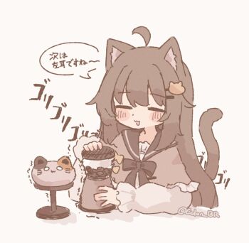 1girl :3 :d ahoge animal animal_ear_fluff animal_ears biachan_(colon_br) black_bow black_bowtie black_sailor_collar blush_stickers bow bowtie brown_hair capelet cat cat_ears cat_girl cat_tail closed_eyes coffee_maker colon_br commentary_request cropped_torso frilled_capelet frills grey_capelet long_hair long_sleeves open_mouth original sailor_collar shirt simple_background smile solo tail translation_request trembling white_background white_shirt