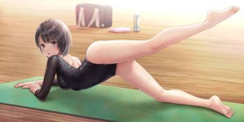 1girl all_fours bag bare_legs barefoot black_bag black_hair black_leotard blue_reflection_(series) blue_reflection_sun bottle breasts brown_eyes covered_navel exercising feet from_side game_cg hand_towel handbag highres indoors kishida_mel leg_up leotard long_sleeves looking_at_viewer looking_back medium_breasts non-web_source official_art open_mouth shirai_hinako short_hair shoulder_blades soles solo sweat thighs third-party_ai_edit third-party_edit toes towel very_sweaty water_bottle wooden_floor yoga_mat