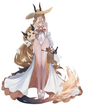 1girl absurdres arknights blonde_hair breasts closed_eyes clothing_cutout dragon_horns highres horns kuroroui large_breasts long_hair long_legs navel navel_cutout reed_(arknights) simple_background smile tail thigh_strap very_long_hair very_long_tail white_background