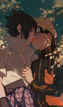 2boys absurdres arm_around_neck black_hair black_jacket blonde_hair blue_eyes blush facial_mark hand_in_another&#039;s_hair hand_on_another&#039;s_chest haruiro_(hrm_ino) highres jacket looking_at_another male_focus multicolored_jacket multiple_boys naruto_(series) naruto_shippuuden orange_jacket red_eyes rope_belt sharingan sharp_teeth shirt short_hair teeth two-tone_jacket uchiha_sasuke upper_body uzumaki_naruto whisker_markings white_shirt yaoi
