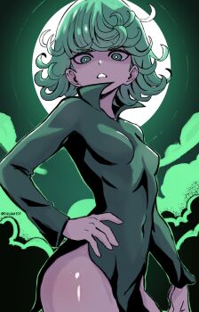 1girl breasts covered_navel curly_hair dress green_dress green_eyes green_hair green_theme hand_on_own_hip highres looking_at_viewer medium_hair one-punch_man rajaie101 side_slit small_breasts solo tatsumaki