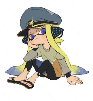 1girl agent_3_(splatoon) behind-the-head_headphones black_sandals blonde_hair blue_eyes blue_hair blue_hat blue_shirt captain_3_(splatoon) commentary_request coula_cat dot_nose elbow_on_knee flip-flops gold_trim green_shirt grey_shirt hand_on_floor hat head_on_hand headphones highres knees_up layered_shirt leggings long_hair long_sleeves looking_at_viewer multicolored_hair multicolored_shirt nintendo orange_shirt partially_shaded_face patchwork_clothes peaked_cap pointy_ears sandals shirt simple_background sitting solo sparkle splatoon_(series) splatoon_3 tentacle_hair thick_eyebrows torn_clothes torn_leggings two-tone_hair very_long_hair white_background
