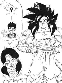 Rule 34 | baggy pants, biceps, black hair, dougi, dragon ball, dragon ball gt, dragonball z, full body, highres, kouji08250, long hair, monkey boy, monkey tail, muscular, muscular male, orange star high school, pants, sash, smile, son gohan, son goku, speech bubble, spiked hair, standing, super saiyan, super saiyan 4, tail, teeth, thought bubble, videl, wristband
