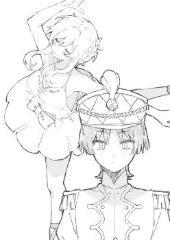 Rule 34 | 1boy, 1girl, aiguillette, alternate costume, arm up, ballerina, bare shoulders, blunt ends, blush, bow, breasts, choppy bangs, cleavage, closed eyes, collarbone, commentary, dress, epaulettes, eyelashes, facing to the side, genshin impact, greyscale, hat, hat feather, highres, laurel crown, light blush, looking at viewer, lumine (genshin impact), medium breasts, military uniform, monochrome, outstretched arm, parted bangs, parted lips, pi pururu, scaramouche (genshin impact), shako cap, short hair, short hair with long locks, sidelocks, spaghetti strap, standing, standing on one leg, tutu, untranslatable commentary, white background, wide-eyed