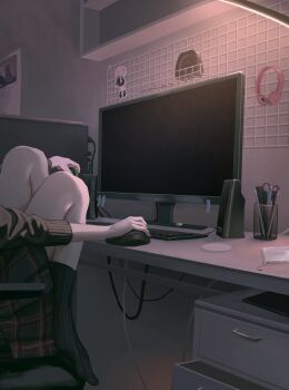 1girl absurdres black_socks can chair commentary_request computer computer_keyboard computer_mouse computer_tower desk dim_lighting energy_drink headphones highres indoors knees_up kyano_(kyanora3141) long_sleeves miniskirt monitor on_chair original out_of_frame pleated_skirt sitting skirt socks solo speaker swivel_chair unworn_headphones