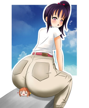 2girls ? absurdres artist_name ass belt between_buttocks blush bow breasts cloud danzfloor earrings hair_bow heart highres huge_ass jewelry kazuno_sarah large_breasts long_hair looking_at_viewer looking_back love_live! love_live!_sunshine!! multiple_girls nesoberi outdoors parted_lips pink_eyes side_ponytail sitting sitting_on_person sky solo takami_chika