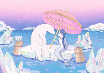 1girl absurdres animal bear blue_hair braid braided_ponytail full_body highres horns iceberg long_hair looking_at_another mermaid milkshake monster_girl narwhal_girl ocean original outdoors pink_sky polar_bear purple_sky seal_(animal) shared_drink single_horn sitting sky solo umbrella usape0kyun waiter water