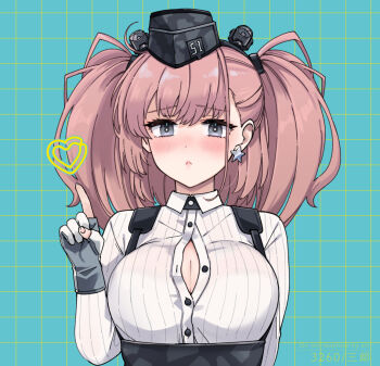 1girl :< atlanta_(kancolle) black_skirt blush breasts brown_hair button_gap closed_mouth collared_shirt earrings garrison_cap gloves grey_eyes hat headgear heart high-waist_skirt index_finger_raised jewelry kantai_collection large_breasts long_hair looking_at_viewer partially_fingerless_gloves saburou_03 shirt simple_background single_earring skirt solo star_(symbol) star_earrings suspender_skirt suspenders two_side_up upper_body white_shirt