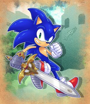 1boy absurdres artist_name blue_fur full_body gauntlet gloves green_eyes highres one_leg_raised shoes signature sketchytodd smile sneakers sonic_(series) sonic_and_the_black_knight sonic_the_hedgehog sword teeth weapon