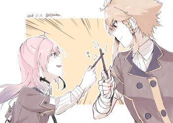 Rule 34 | 2girls, bandaged arm, bandages, black choker, blue eyes, border, braid, braided sidelock, brown jacket, buttons, choker, collared shirt, commentary request, dated, double-breasted, emphasis lines, fighting, food, from side, holding, holding food, holding pocky, jacket, jouhou, long hair, long sleeves, looking at another, multiple girls, orange background, orange eyes, orange hair, origami family's elite guard uniform, pink hair, playing with food, pocky, shidou maki (toji no miko), shirt, short hair, sideways mouth, simple background, sound effects, striped clothes, striped shirt, toji no miko, tsubakuro yume, twitter username, white border, white shirt