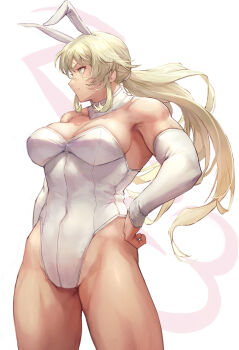 Rule 34 | 1girl, 2023, animal ears, bare shoulders, barghest (fate), biceps, blonde hair, breasts, chinese zodiac, cleavage, closed mouth, collar, covered navel, detached collar, detached sleeves, fake animal ears, fate/grand order, fate (series), green eyes, hand on own hip, highleg, highleg leotard, highres, large breasts, leotard, long hair, looking to the side, miyamoto satoru, muscular, muscular female, playboy bunny, ponytail, rabbit ears, revision, sidelocks, simple background, solo, thick thighs, thighs, white collar, white leotard, white sleeves, year of the rabbit