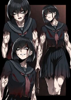 absurdres alternate_muscle_size bags_under_eyes black_border black_sailor_collar black_serafuku black_skirt blood blood_on_clothes blood_on_face border brown_background collage cropped_legs grin highres holding holding_lead_pipe lead_pipe looking_at_viewer muscular muscular_female nagainegi neckerchief pale_skin pleated_skirt red_neckerchief sailor_collar school_uniform serafuku shimizu_hinako short_hair silent_hill_(series) silent_hill_f skirt smile standing torn_clothes veins