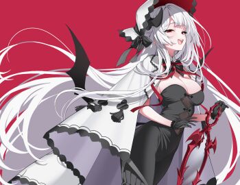 1girl absurdres black_bow black_bowtie black_dress black_gloves black_ribbon black_trim bonnet bow bowtie breasts cape cleavage demon_girl demon_horns demon_wings dress gloves highres holding holding_mirror horns lace lace-trimmed_gloves lace_trim long_hair looking_at_viewer medium_breasts mirror narrowed_eyes open_mouth red_background red_eyes red_ribbon ribbon simple_background sirin_(sirin_8_8) smile solo stella_sora tassel very_long_hair virigia_(stella_sora) white_bonnet white_cape white_hair wings
