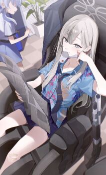 Rule 34 | 2girls, absurdres, bandaid, bandaid on knee, bandaid on leg, blue archive, blue necktie, blue shirt, blue skirt, chair, commentary, cup, disposable cup, flatshi, floral print shirt, from above, grey eyes, grey hair, grey halo, gun, halo, hawaiian shirt, highres, holding, holding newspaper, holding pencil, indoors, jacket, konoka (blue archive), long hair, looking at viewer, loose necktie, mask, mask pull, massage chair, mouth hold, mouth mask, multiple girls, necktie, newspaper, open collar, pencil, plaid clothes, plaid skirt, pump action, remington 870, shirt, shotgun, sitting, skirt, smile, socks, solo focus, surgical mask, unworn jacket, unworn socks, valkyrie police academy student (sg) (blue archive), weapon, white mask