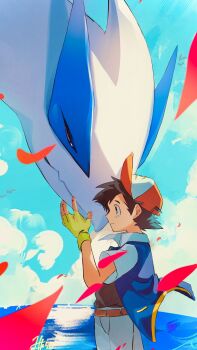 1boy ash_ketchum baseball_cap belt black_hair black_shirt blue_jacket brown_belt brown_eyes closed_eyes closed_mouth cloud collared_jacket commentary_request cowboy_shot denim falling_petals fingerless_gloves gen_2_pokemon gloves green_gloves hat head_hug highres holding jacket jeans legendary_pokemon looking_at_another lugia nintendo omotikonetemasu outdoors pants petals pokemon pokemon_(anime) pokemon_(classic_anime) pokemon_(creature) red_hat shirt shirt_tucked_in short_hair short_sleeves sky water white_sleeves wind