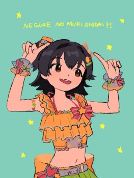 1girl akagi_miria aqua_background belt black_hair bow brown_eyes cropped_shirt frilled_shirt frills hair_bow hands_up highres idol_clothes idolmaster idolmaster_cinderella_girls ketsuro looking_to_the_side midriff multiple_hair_bows navel open_mouth pointing pointing_up romaji_text shirt short_hair simple_background sleeveless sleeveless_shirt smile solo star_(symbol) star_symbol_background two_side_up upper_body wrist_cuffs