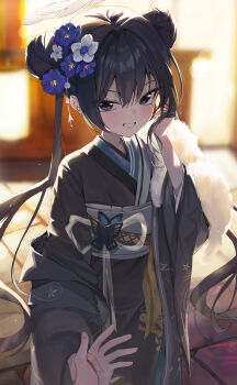 Rule 34 | 1boy, 1girl, :d, absurdres, alternate costume, backlighting, black hair, black kimono, blue archive, blue flower, blurry, blurry background, blush, braid, braided bun, butterfly ornament, commentary, cowboy shot, depth of field, double bun, dragon print, festival, flower, fur shawl, furisode, grabbing another's hand, grey eyes, grey halo, grin, hair between eyes, hair bun, hair flower, hair ornament, halo, hand in own hair, hand up, highres, japanese clothes, kimono, kisaki (blue archive), light blush, long hair, long sleeves, looking at viewer, obi, obijime, open mouth, outdoors, pov, pov hands, print kimono, red pupils, ribbon, rosu 1109, sash, shawl, sidelocks, slit pupils, smile, solo focus, tsurime, twintails, very long hair, white flower, wide sleeves