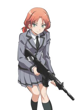 1girl anime_coloring ansatsu_kyoushitsu assault_rifle black_necktie black_socks breasts collared_shirt cowboy_shot green_eyes grey_skirt gun hayami_rinka higami_aya highres holding holding_gun holding_weapon kunugigaoka_middle_school_uniform long_sleeves low-tied_medium_hair low_twintails necktie official_art rifle school_uniform shirt short_twintails simple_background skirt socks solo tachi-e transparent_background tsurime twintails weapon white_shirt
