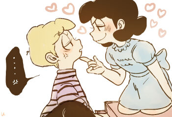 Rule 34 | 1boy, 1girl, anger vein, blonde hair, blue dress, commentary request, dress, instrument, lucy van pelt, peanuts (comic), piano, puffy short sleeves, puffy sleeves, schroeder (peanuts), shirt, short hair, short sleeves, smile, striped clothes, striped shirt, uriko (botannabe)