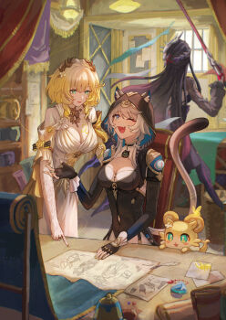 3girls ;o absurdres aglaea_(honkai:_star_rail) animal_ears animal_hood black_gloves black_hair black_leotard black_shrug blonde_hair blue_eyes breast_tattoo breasts cat_ears cat_girl cat_hood cat_tail chair chimera_(honkai:_star_rail) cipher_(honkai:_star_rail) cleavage commentary_request dress fingerless_gloves gloves gold_tattoo green_eyes grey_hair highres holding holding_sword holding_weapon honkai:_star_rail honkai_(series) hood hysilens_(honkai:_star_rail) indoors isome large_breasts laurel_crown leotard long_hair mole mole_on_breast multiple_girls on_chair one_eye_closed shelf short_hair short_hair_with_long_locks shrug_(clothing) sitting sword tail tattoo very_long_hair weapon white_dress yellow_nails