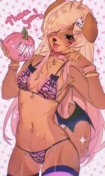 1girl ahoge animal_ears animal_print bikini black_bow black_thighhighs black_wings blonde_hair blush_stickers bow bow_bikini bracelet breasts bridge_piercing choker chromatic_aberration collarbone colored_skin commentary cowboy_shot cross cross_background cross_choker demon_wings dog_ears dog_girl dog_tail english_commentary eyebrow_piercing eyelashes face_piercing facial_mark finger_to_own_chin fingernails floppy_ears four-pointed_star frilled_bikini frills furry furry_female gold_bracelet gold_piercing gradient_hair hair_ornament hair_over_one_eye hairclip halftone heart heart_facial_mark highres holding holding_pumpkin jewelry light_blush long_fingernails long_hair looking_at_viewer low_wings lowleg lowleg_panties marking_on_cheek medium_breasts milestone_celebration multicolored_hair multicolored_skin multiple_bracelets navel_piercing noisykoala nose_piercing nose_ring o-ring_collar original panties parallel_hairclips pawpads piercing pink_bikini pink_choker pink_hair pink_panties pink_thighhighs pubic_tattoo pumpkin raccoon_tails_(hairstyle) scene_fashion sketch skull_hair_ornament smile spiked_bracelet spiked_choker spikes stomach striped_clothes striped_thighhighs swimsuit tail tan tattoo teeth thank_you thick_lips thighhighs tiger_print two-tone_hair two-tone_skin two-tone_thighhighs underwear upper_teeth_only very_long_hair white_background wings