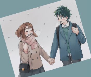 1boy 1girl backpack bag black_bag black_pants black_skirt blue_jacket blush boku_no_hero_academia brown_coat brown_hair closed_eyes coat collared_shirt couple freckles green_hair green_sweater handbag hetero highres holding_hands jacket looking_at_another medium_hair midoriya_izuku open_mouth pants pink_scarf scarf shirt shirt_under_sweater short_hair skirt smile snow sweater upper_body uraraka_ochako usahs2722 white_shirt winter