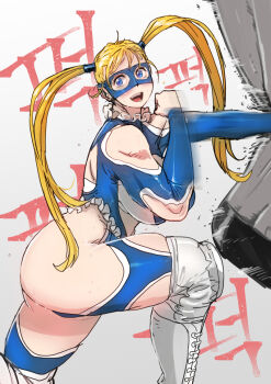 1girl ass blonde_hair blue_eyes blue_leotard boots breasts butcherboy capcom clothing_cutout domino_mask elbow_cutout eye_mask frills large_breasts leotard long_hair mask muscular muscular_female open_mouth punching punching_bag rainbow_mika smile solo street_fighter street_fighter_v sweat twintails white_boots wrestling_outfit