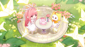 Rule 34 | 1girl, animal, antenna hair, artist request, birthday cake, bow, bowtie, brown eyes, cake, cat, chair, chibi, cloak, clothed animal, collared dress, commentary, day, dot nose, dress, ear covers, english commentary, food, frilled dress, frilled sleeves, frills, garden, grass, hair ribbon, hands on lap, happy, high collar, highres, hood, hood up, hooded cloak, juliet sleeves, light particles, long dress, long hair, long sidelocks, long sleeves, looking at animal, momo (nikki), navel, nikki (nikki), nikki (series), official art, on chair, open mouth, origami, outdoors, outline, paper crane, pink hair, pink ribbon, puffy sleeves, red bow, red bowtie, ribbon, second-party source, shining nikki, sidelocks, sitting, smile, straight hair, tareme, traditional bowtie, vase, very long hair, whiskers, white cat, white dress, white ribbon, yellow cloak, yellow outline