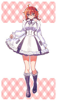 Rule 34 | 1girl, ahoge, alternate costume, ankle lace-up, boots, bow, bowtie, clothes lift, commentary request, dress, dress lift, fate/grand order, fate (series), frilled boots, frilled dress, frills, fujimaru ritsuka (female), full body, hair bow, highres, lace-up boots, light blush, long sleeves, looking at viewer, low twintails, medium hair, multiple hair bows, orange eyes, orange hair, short dress, sketch, solo, sweatdrop, twintails, uni (nico02), white dress