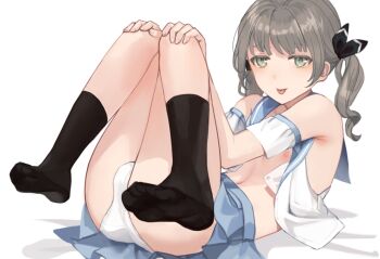 1boy :p armpit_crease armpits bare_shoulders black_socks blue_skirt blunt_bangs bulge commentary commentary_request crossdressing crossdressing_(mtf) crotch_seam dot_nose feet full_body green_eyes grey_hair hair_ribbon hands_on_own_knees knees_together_feet_apart knees_up looking_at_viewer lying male_focus navel nipples no_shoes on_back open_clothes open_shirt original panties panty_bulge partial_commentary pleated_skirt ribbon sailor_collar sailor_shirt shirt short_twintails simple_background skirt socks solo sunaba_(nczd5875) thighs tongue tongue_out trap twintails underwear untranslatable_commentary white_background white_panties