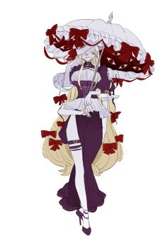 1girl alternate_costume blonde_hair closed_mouth commentary dress earrings elbow_gloves full_body gap_(touhou) glasses gloves hair_ribbon high_heels holding holding_umbrella jewelry legs long_hair looking_at_viewer one_eye_covered puffy_short_sleeves puffy_sleeves purple_dress purple_eyes purple_shoes red_eyes ribbon round_eyewear shoes short_sleeves side_slit smile solo standing thigh_strap touhou umbrella very_long_hair white_gloves yakumo_yukari zenritsu