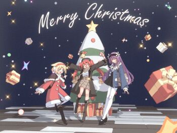 3d 3girls ^_^ animated animated_gif arms_up bag bauble bell black_coat black_footwear black_gloves black_hairband black_skirt blinking blonde_hair blue_background blue_eyes blue_jacket blue_necktie blush boots bow box brown_capelet brown_footwear brown_skirt buttons candy candy_cane capelet christmas christmas_ornaments christmas_tree closed_eyes closed_mouth coat earmuffs english_text female_focus fingerless_gloves floating floating_object food full_body fur-trimmed_capelet fur-trimmed_coat fur_trim gift gift_box gloves hair_flaps hair_intakes hairband happy high-waist_skirt jacket knee_boots leg_up legs legs_together long_hair long_sleeves looking_at_viewer looping_animation merry_christmas miniskirt miruru_(rune_(dualhart)) multiple_girls necktie open_clothes open_coat open_jacket open_mouth original outstretched_arms pants pantyhose plaid_clothes plaid_skirt pleated_skirt pocket purple_hair raika_(rune_(dualhart)) red_bow red_coat red_eyes red_hair red_ribbon ribbon rune_(dualhart) shirt shirt_tucked_in shoes short_hair shoulder_bag shuriken_hair_ornament sidelocks skirt smile sparkle spread_arms standing standing_on_one_leg star_(symbol) twintails white_pants white_pantyhose white_shirt wooden_floor yellow_bow yellow_ribbon yurina_(rune_(dualhart))