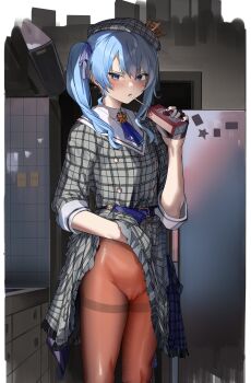 Rule 34 | 1girl, absurdres, ascot, asymmetrical sidelocks, beret, blue ascot, blue eyes, blue hair, blue ribbon, buttons, clothes lift, collared shirt, commentary, crown, disgust, double-breasted, double-parted bangs, dress, drinking, drinking straw, drinking straw in mouth, eredhen, frilled dress, frills, grey dress, grey hat, hair between eyes, hair ribbon, hat, highres, holding, hololive, hoshimachi suisei, hoshimachi suisei (1st costume), indoors, looking at viewer, mini crown, no panties, orange pantyhose, pantyhose, plaid clothes, plaid dress, plaid hat, pleated dress, ribbon, shirt, side ponytail, sidelocks, skirt, skirt lift, skirt set, sleeve cuffs, solo, standing, star (symbol), star in eye, symbol in eye, thighband pantyhose, three-quarter sleeves, tilted headwear, virtual youtuber, white shirt